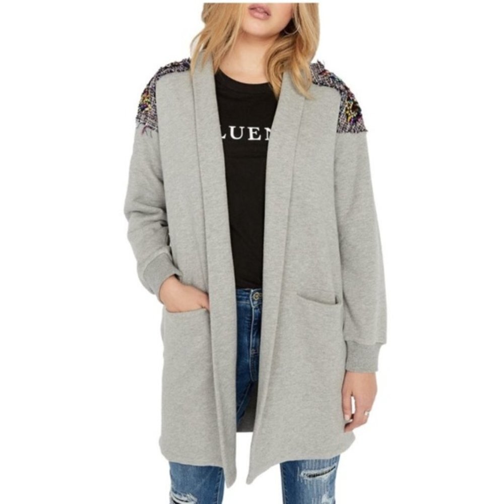Buffalo David Bitton Gray Open Front Hoodie Cardigan with Embellished Shoulders